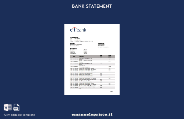 modello di versione word dell'estratto conto bancario di Perù Citibank in stile 